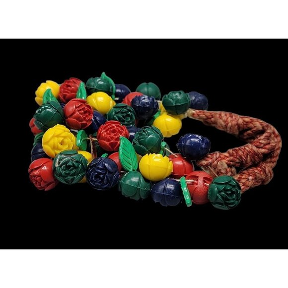 Carved Celluloid Flowers Bracelet Multistrand Colorful Bouquet Rope Bottom 8.5" - Picture 1 of 13